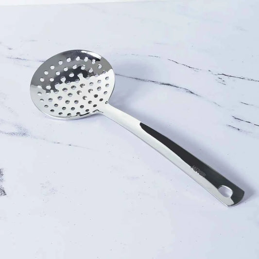 Meyer Stainless Steel Skimmer with perforated round head and ergonomic handle for efficient cooking