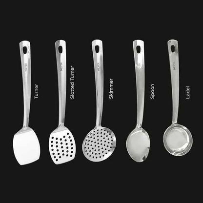 Meyer Stainless Steel Turner alongside slotted turner skimmer spoon and ladel kitchen utensils set