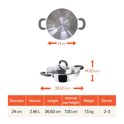 Meyer Trivantage Stainless Steel Triply Kadhai with lid, 24 cm Kadhai
