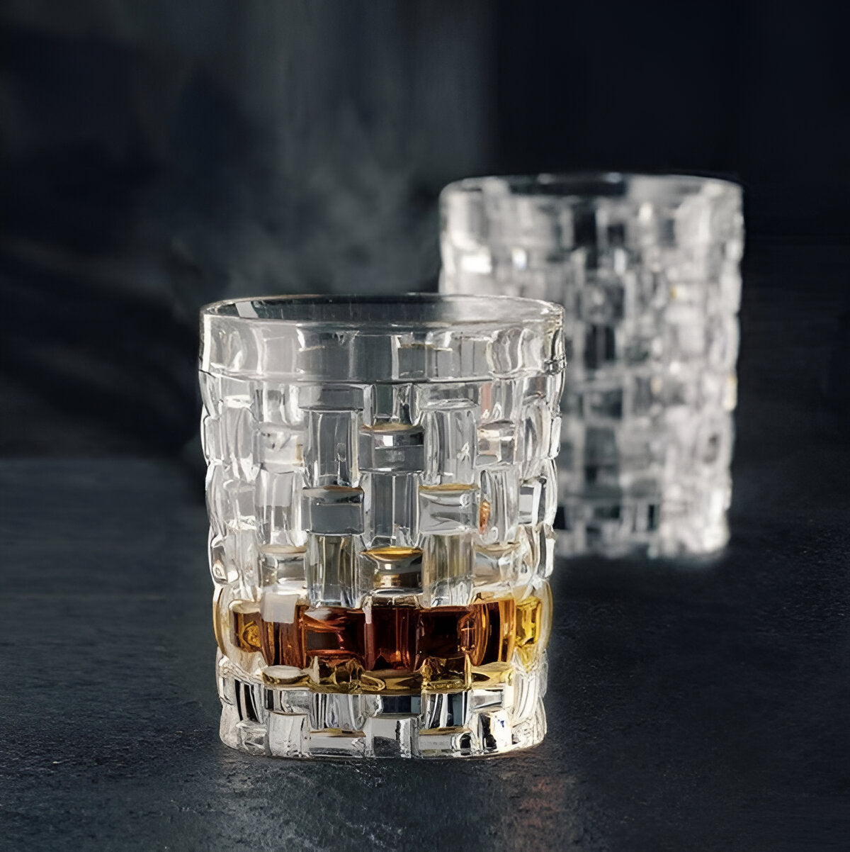Nachtmann Bossa Nova whiskey glasses featuring a unique geometric design for a stylish drink presentation