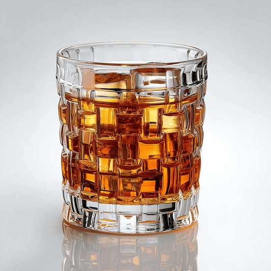 Nachtmann Glasses Bossa Nova DOF Crystal Whiskey Glasses, 330ml, Set of 6 filled with whiskey and white background