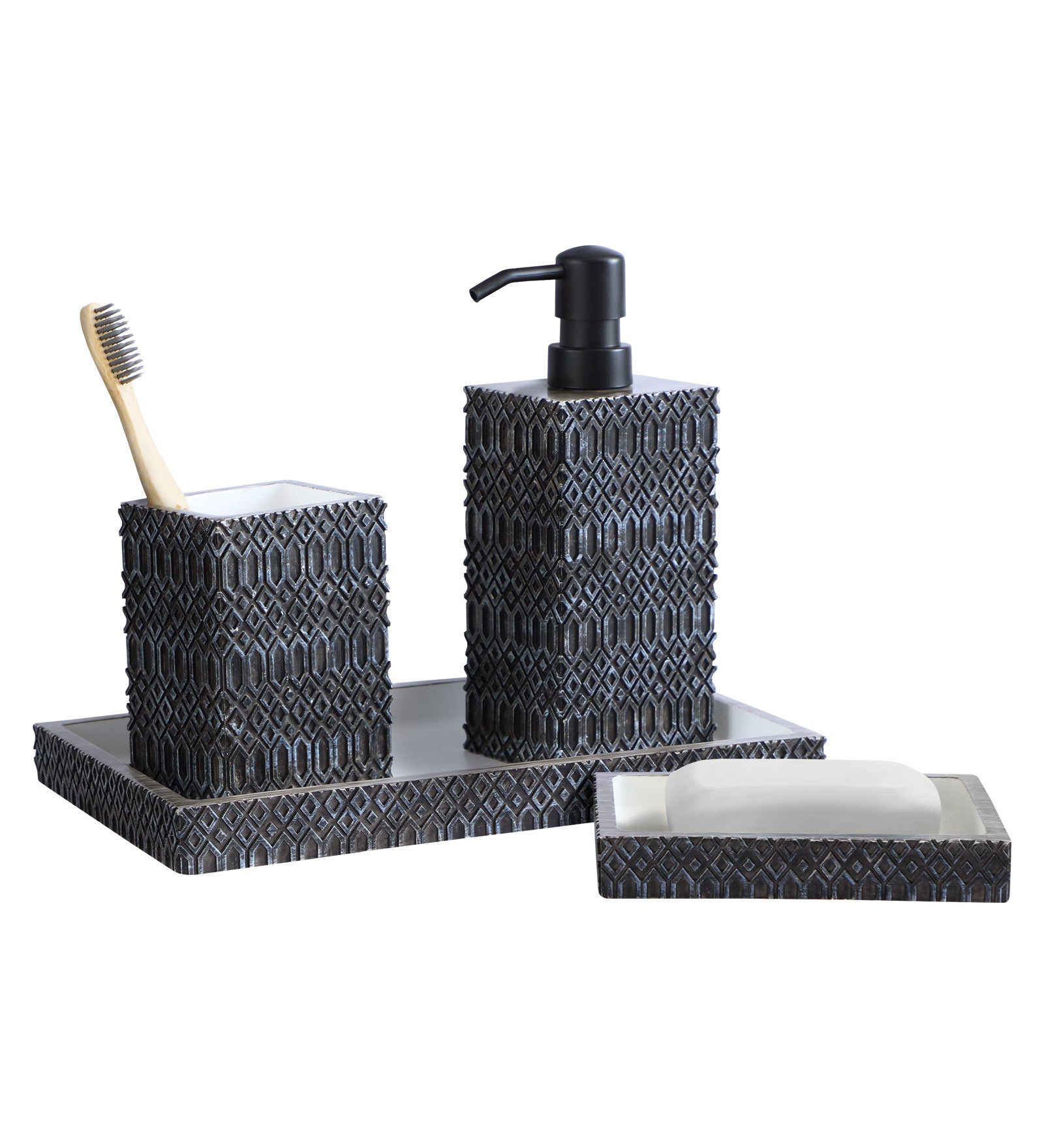 Obsessions Alvina Polyresin 4 pcs Bathroom Set Charcoal with toothbrush holder, soap dispenser and tray