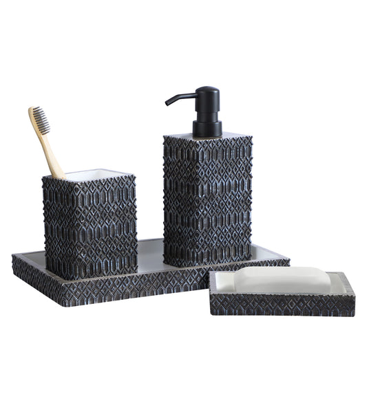 Obsessions Alvina Polyresin 4 pcs Bathroom Set Charcoal with toothbrush holder, soap dispenser and tray