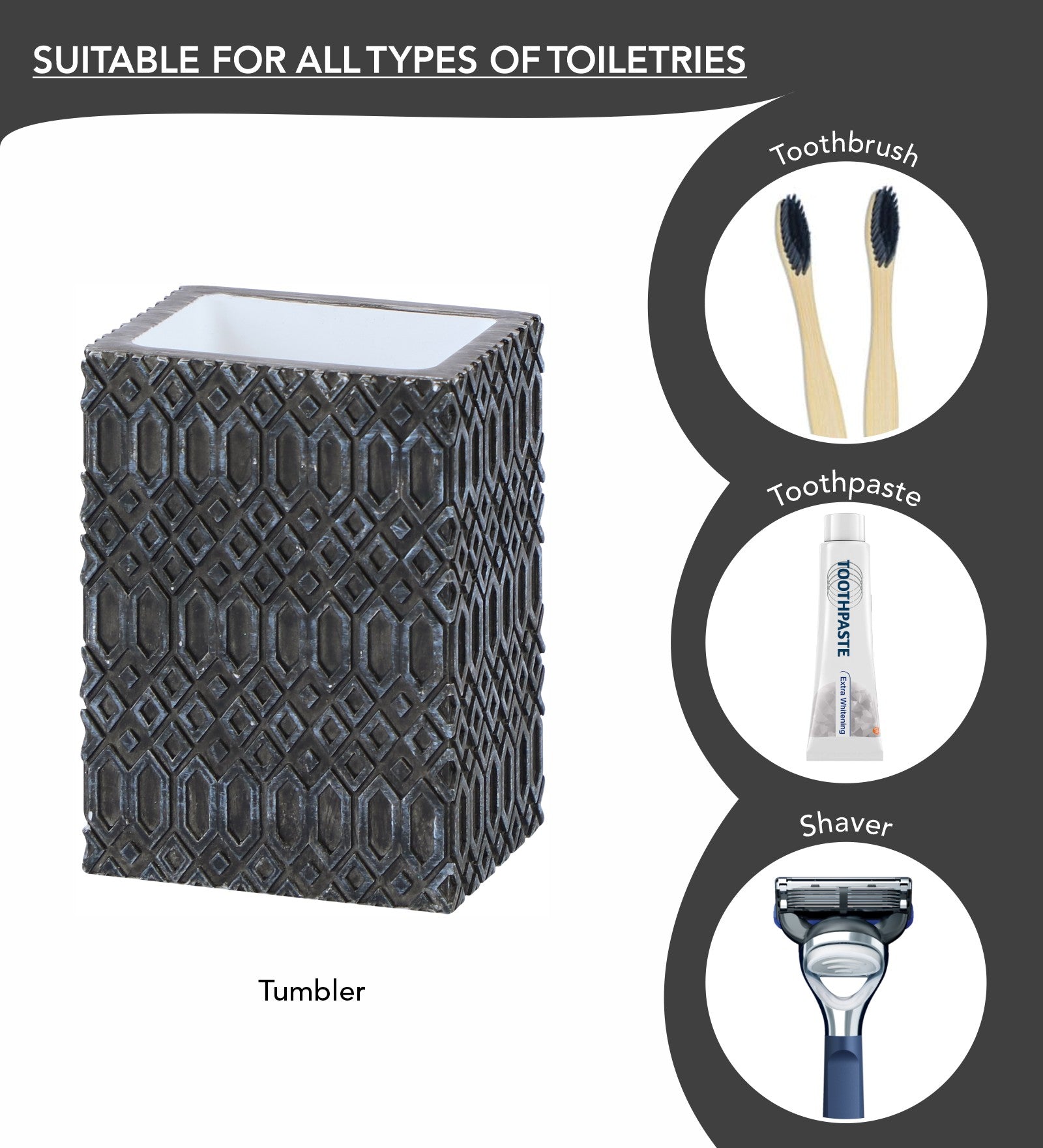 Obsessions Alvina Polyresin 4 pcs Bathroom Set Charcoal Tumbler for all types of toiletries