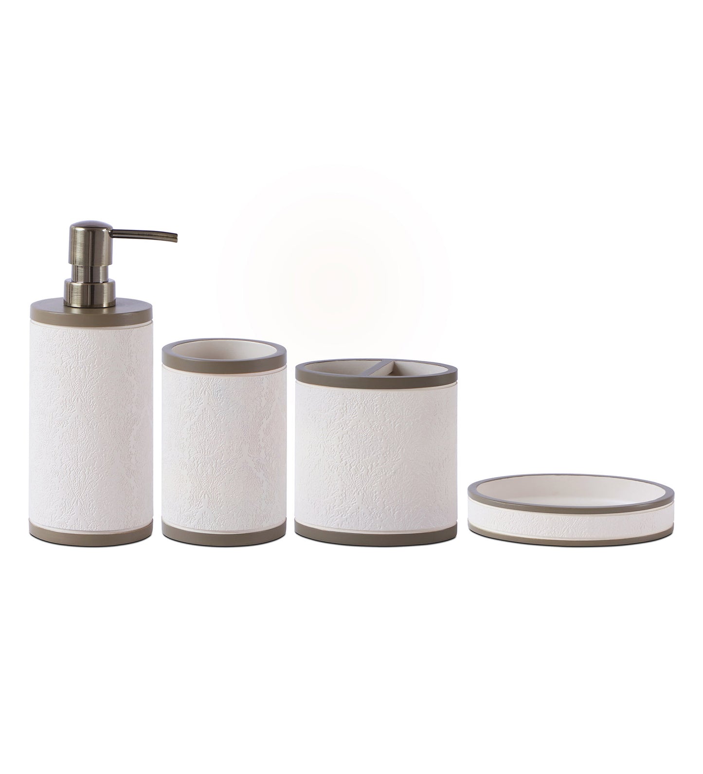 Obsessions Alvina Polyresin 4pcs Bathroom Set Beige with Soap Dispenser, Toothbrush Holder, and more