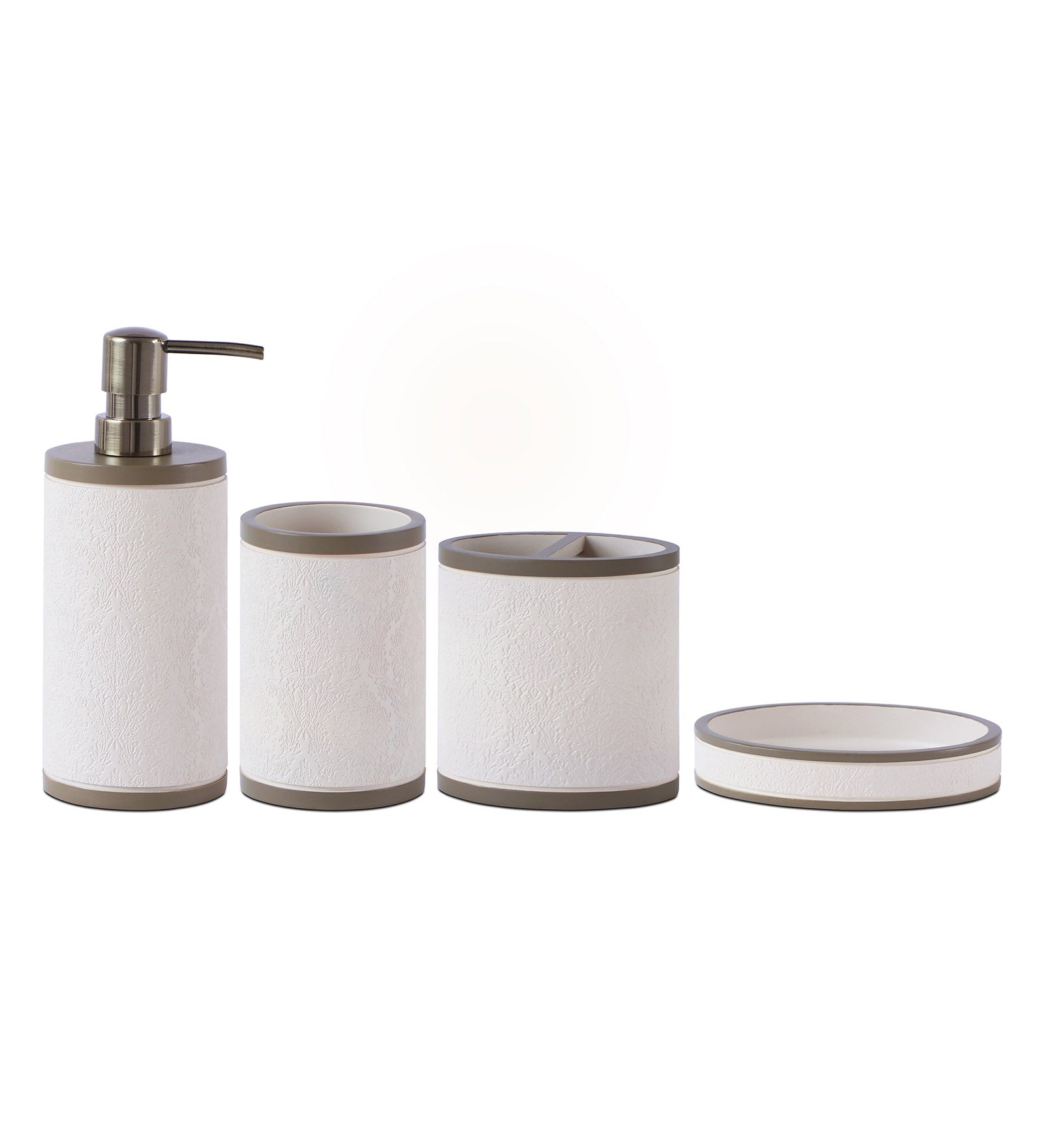 Obsessions Alvina Polyresin 4pcs Bathroom Set Beige with Soap Dispenser, Toothbrush Holder, and more