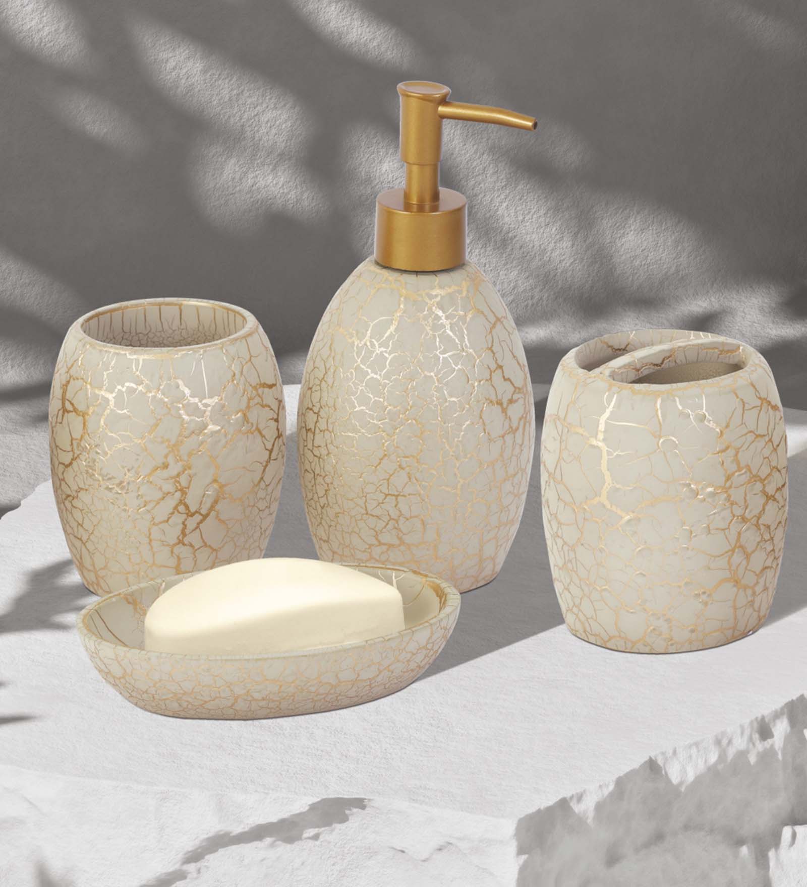 Obsessions Alvina Polyresin 4pcs Bathroom Set Beige Gold with elegant cracked design and stylish pump