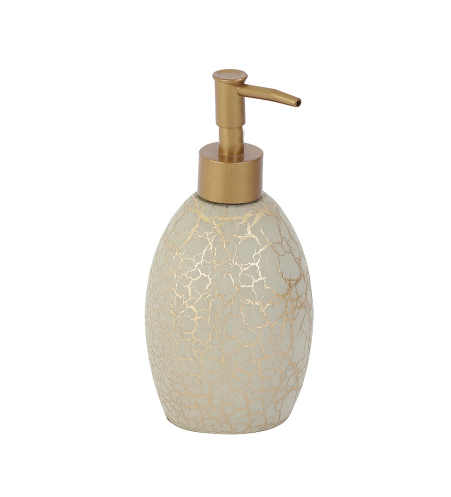 Obsessions Alvina Polyresin 4pcs Bathroom Set Beige Gold featuring a stylish soap dispenser with a crackle design