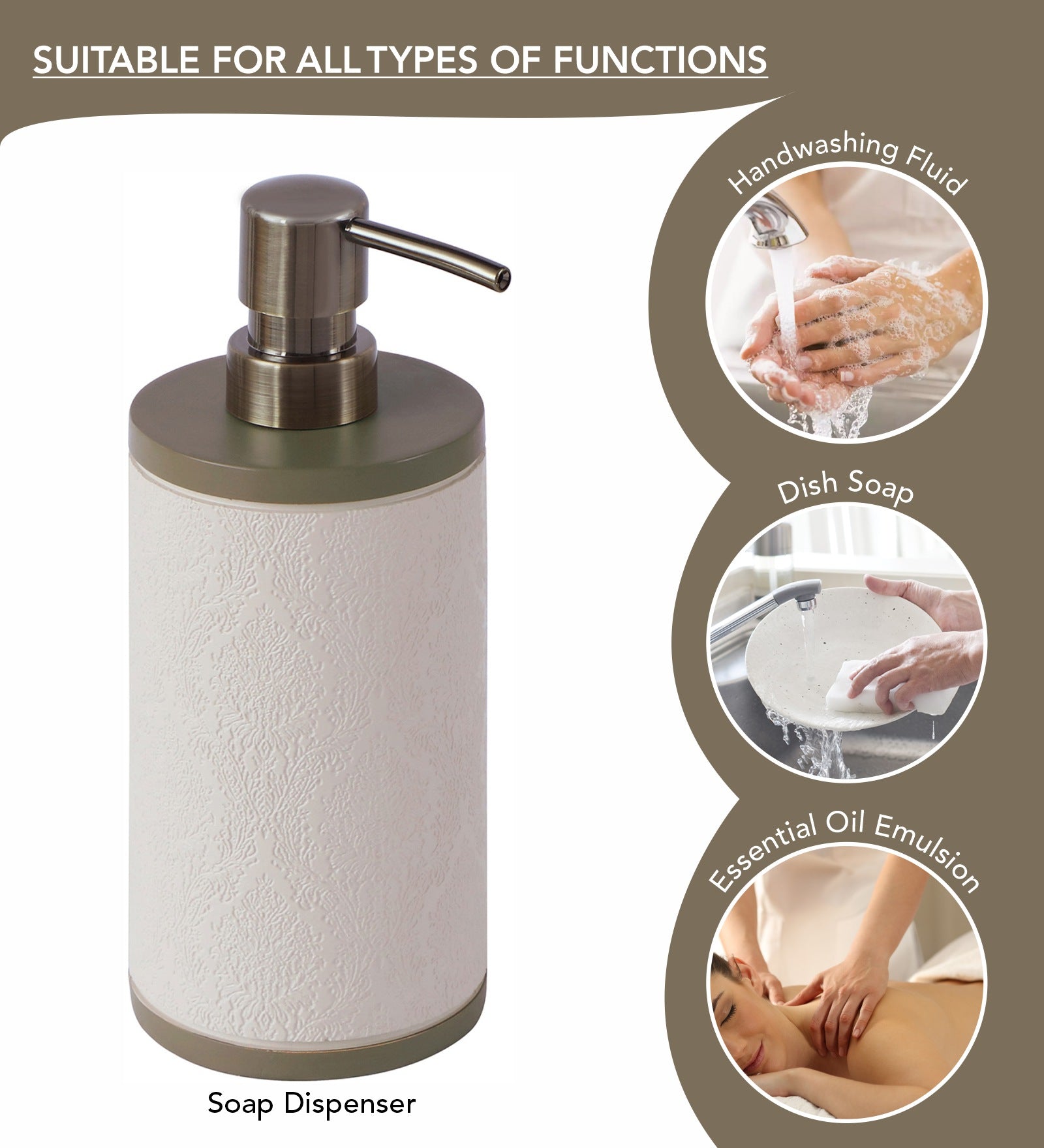 Obsessions Alvina Polyresin 4pcs Bathroom Set Beige, featuring a stylish soap dispenser for versatile use