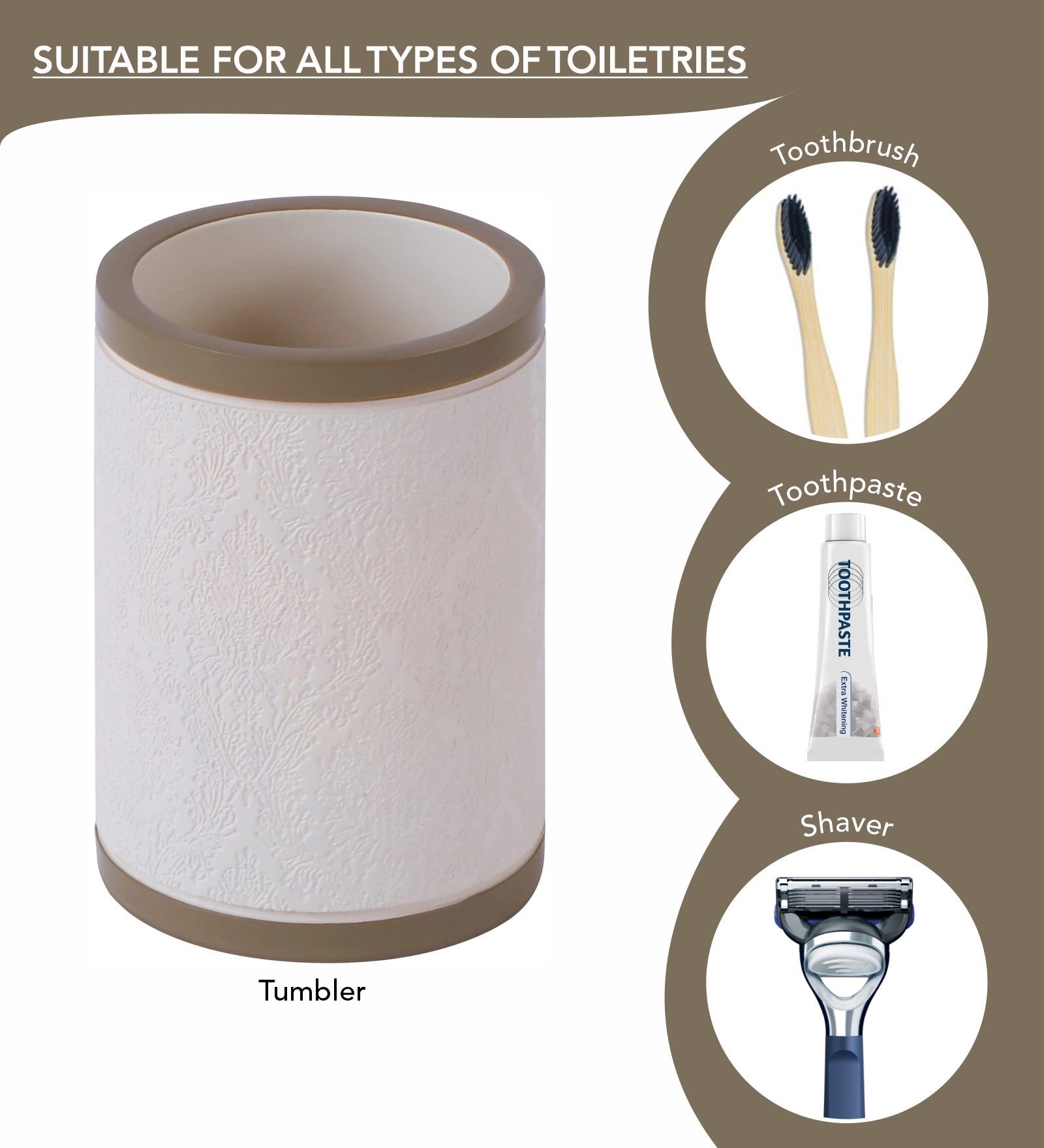 Obsessions Alvina Polyresin 4pcs Bathroom Set Beige including a tumbler for toiletries