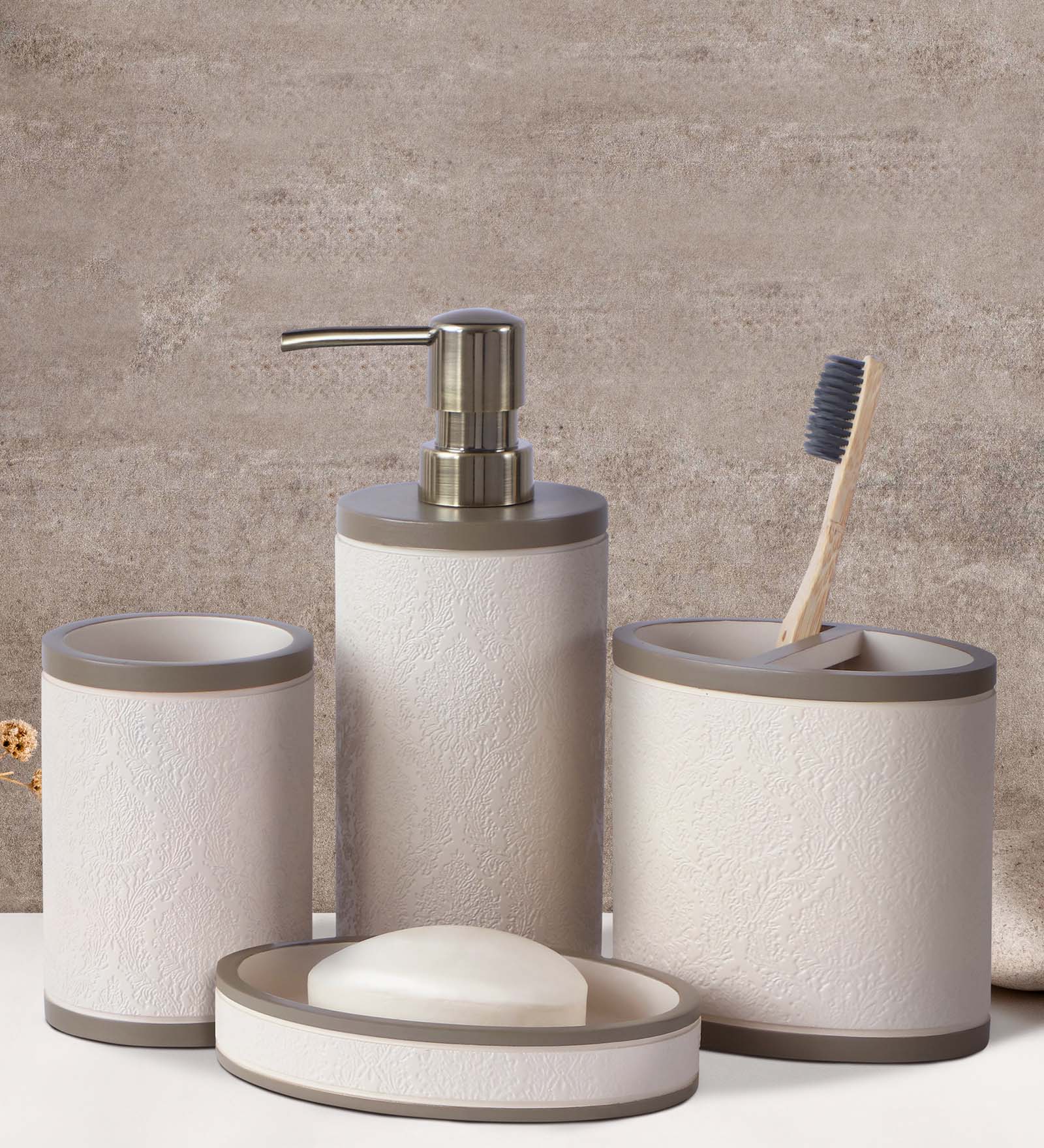 Obsessions Alvina Polyresin 4pcs Bathroom Set Beige featuring soap dispenser, toothbrush holder, more