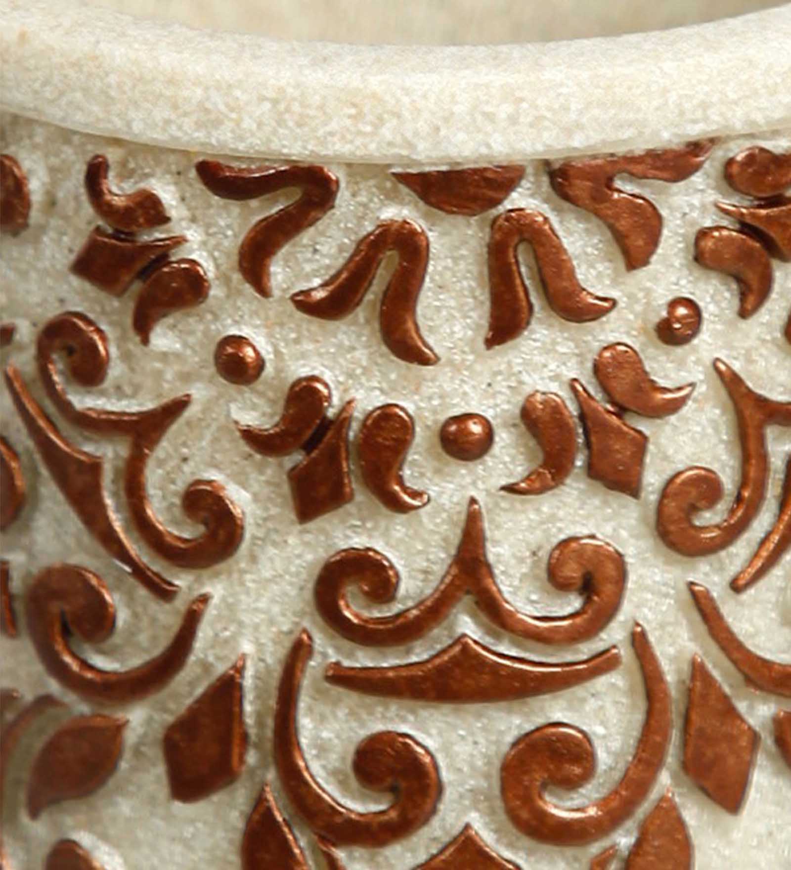 Close-up of Obsessions Alvina Polyresin 4pcs Bathroom Set Brown featuring intricate decorative patterns