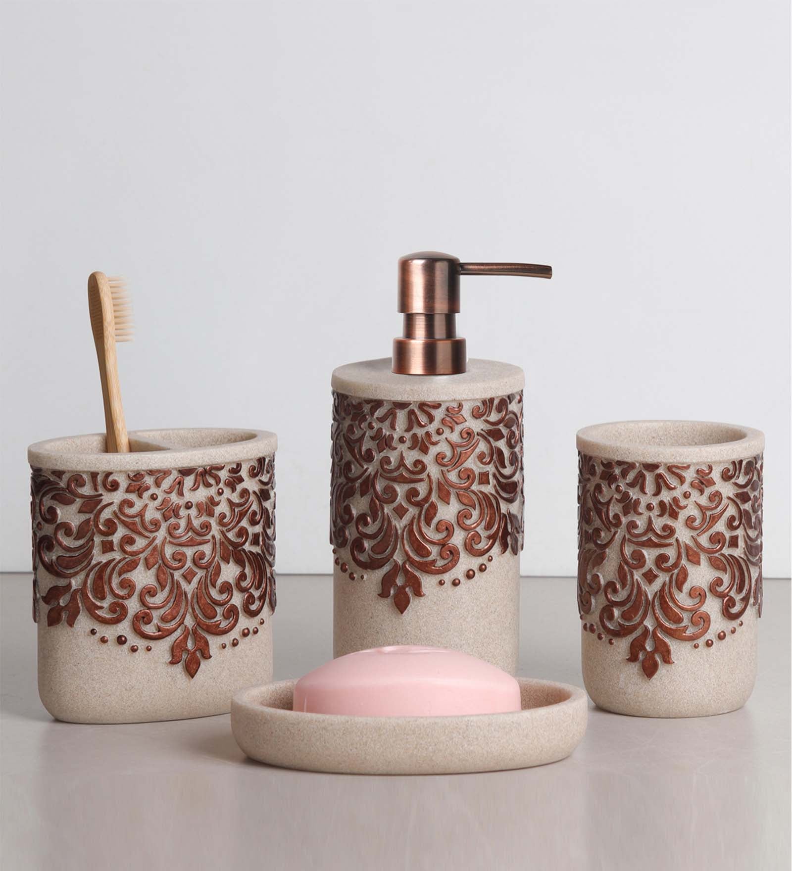 Obsessions Alvina Polyresin 4pcs Bathroom Set Brown with elegant design and accessories for stylish decor