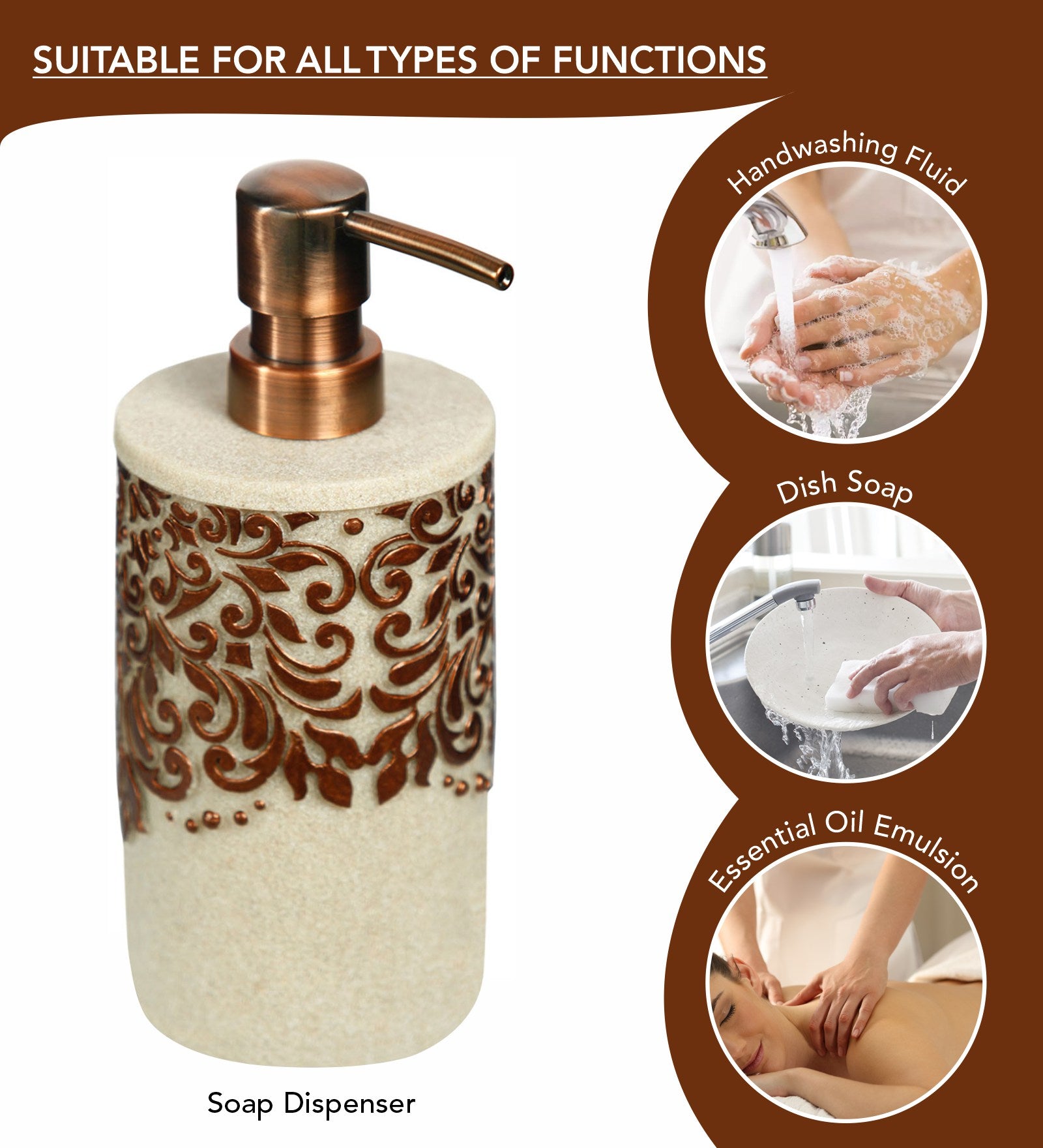 Obsessions Alvina Polyresin 4pcs Bathroom Set Brown Soap Dispenser with Decorative Design