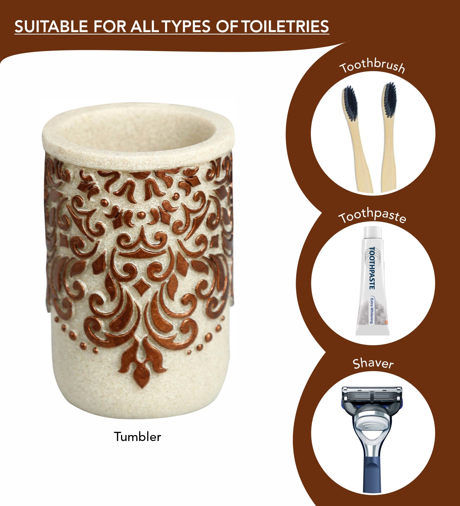 Obsessions Alvina Polyresin 4pcs Bathroom Set Brown featuring a decorative tumbler for toothbrushes and toiletries