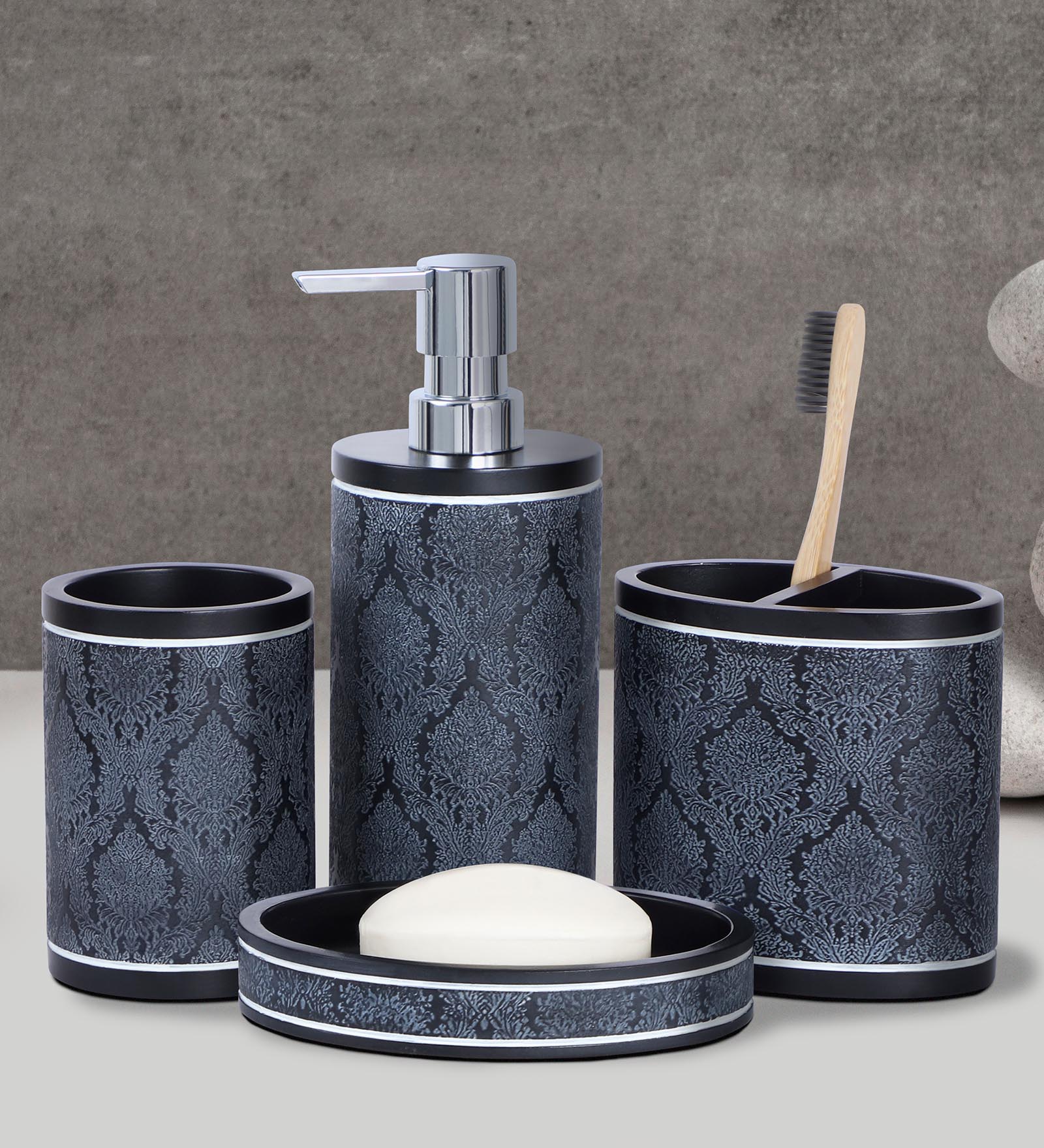 Obsessions Alvina Polyresin 4pcs Bathroom Set Dark Grey with Soap Dispenser, Toothbrush Holder, and Soap Dish