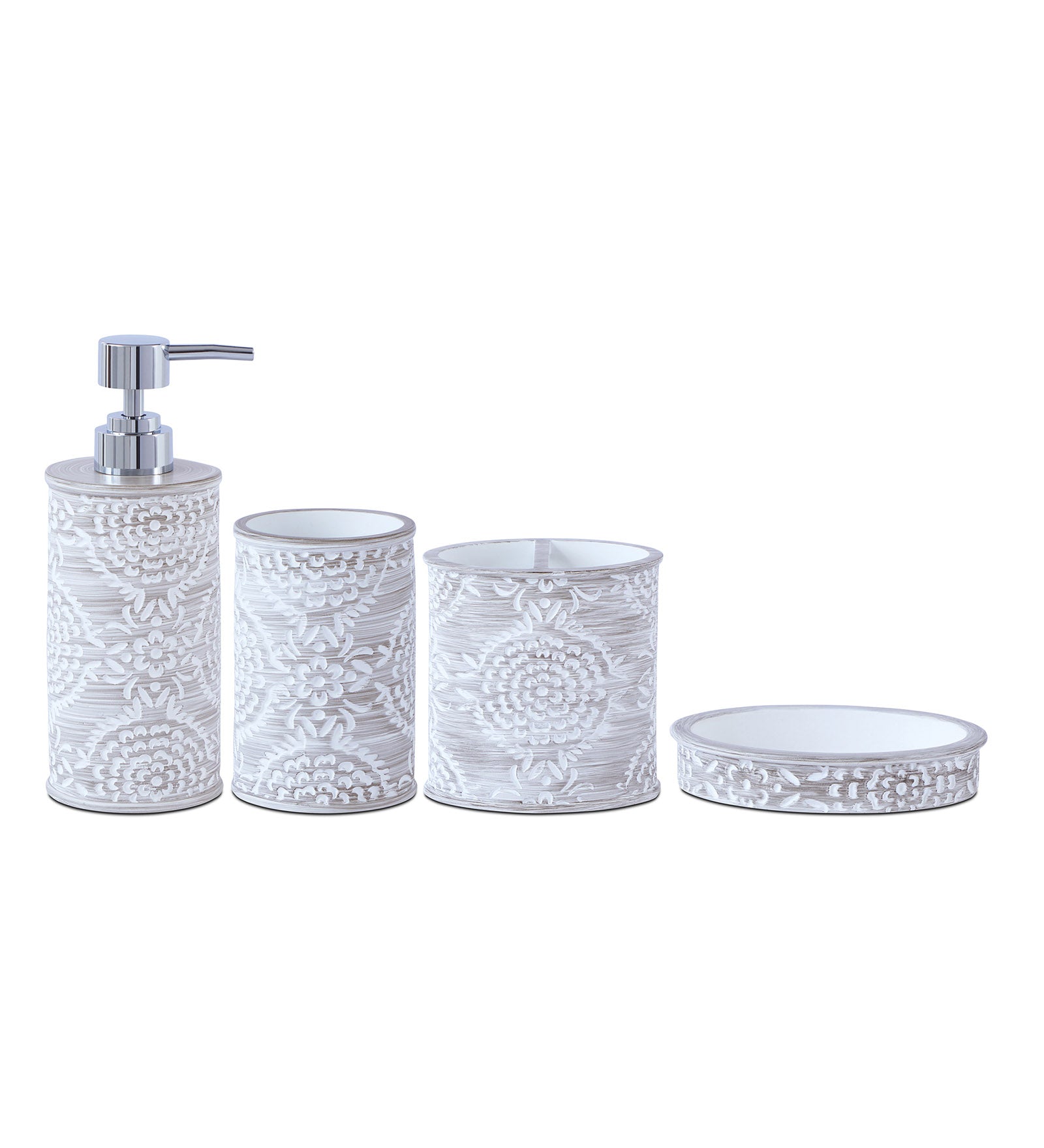 Obsessions Alvina Polyresin 4pcs Bathroom Set Dark Grey White with elegant floral design for modern bathrooms