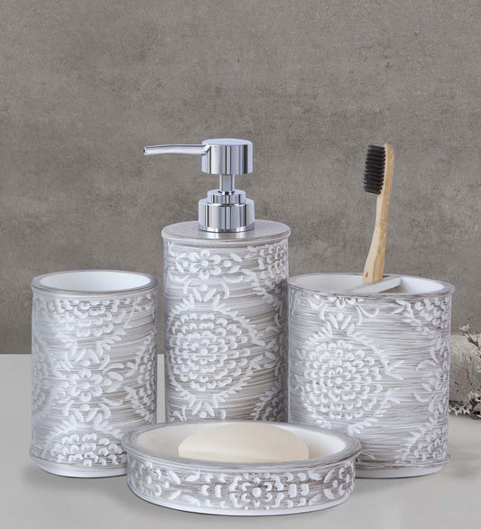 Obsessions Alvina Polyresin 4pcs Bathroom Set Dark Grey White featuring intricate floral designs and modern accessories