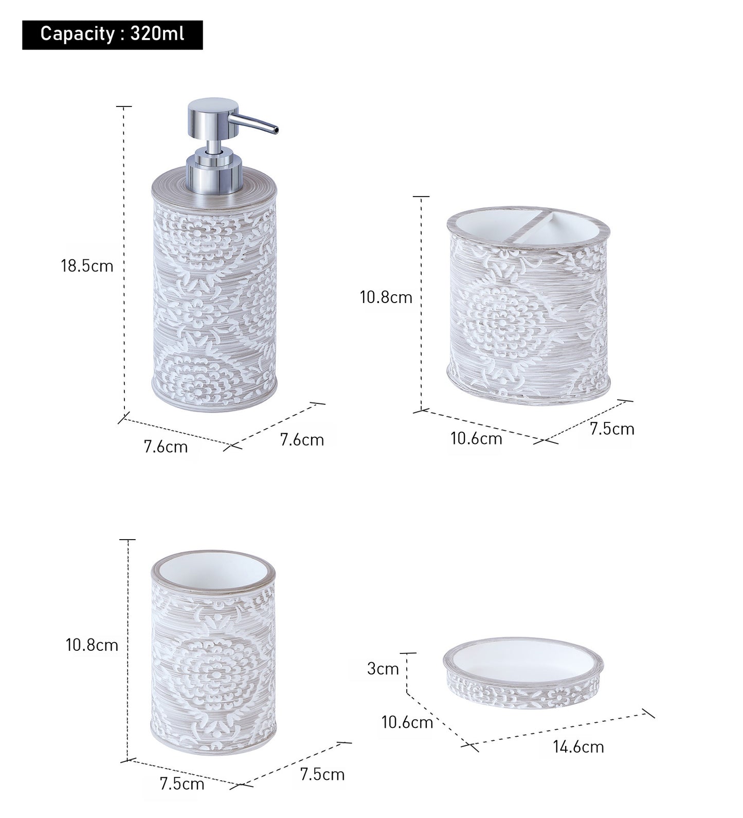 Obsessions Alvina Polyresin 4pcs Bathroom Set Dark Grey White featuring a soap dispenser, tumbler, tray, and storage jar