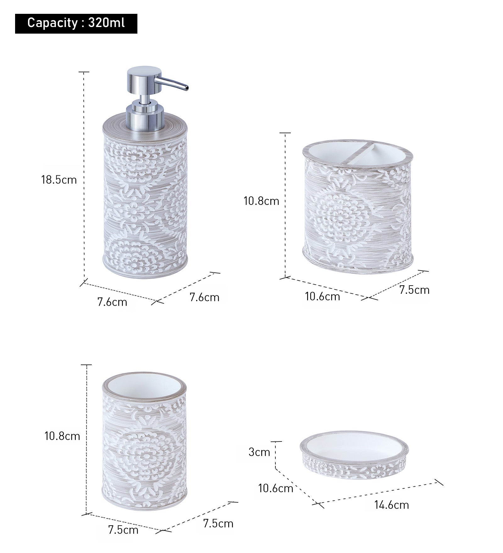 Obsessions Alvina Polyresin 4pcs Bathroom Set Dark Grey White featuring a soap dispenser, tumbler, tray, and storage jar