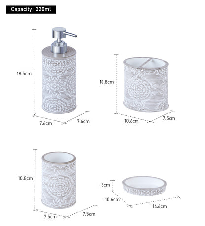 Obsessions Alvina Polyresin 4pcs Bathroom Set Dark Grey White featuring a soap dispenser, tumbler, tray, and storage jar