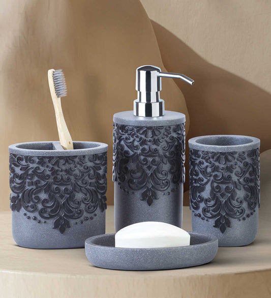 Obsessions Alvina Polyresin 4pcs Bathroom Set Grey Black with ornate design, including soap dispenser and toothbrush holder