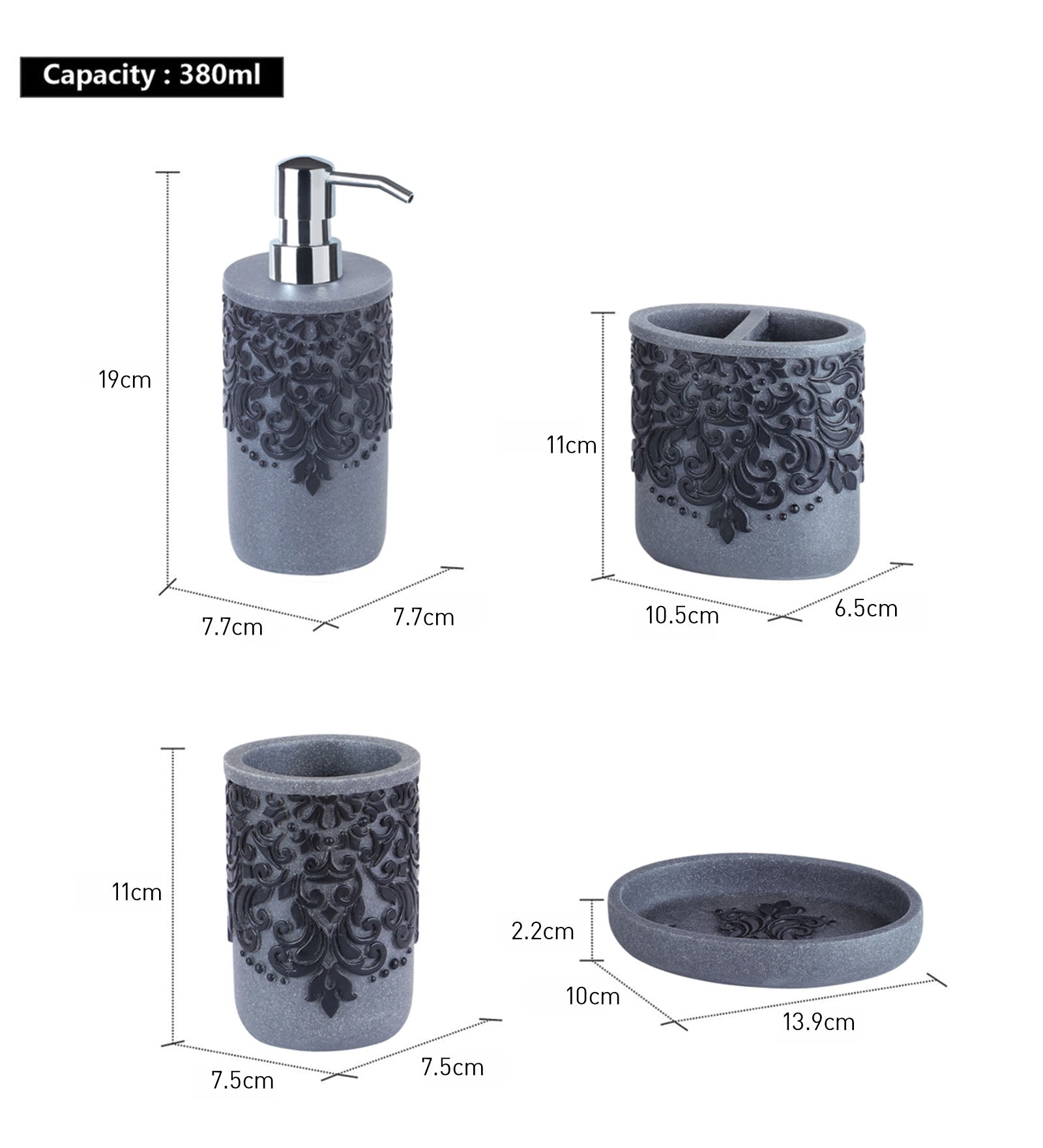 Obsessions Alvina Polyresin 4pcs Bathroom Set Grey Black featuring stylish designs and functional storage