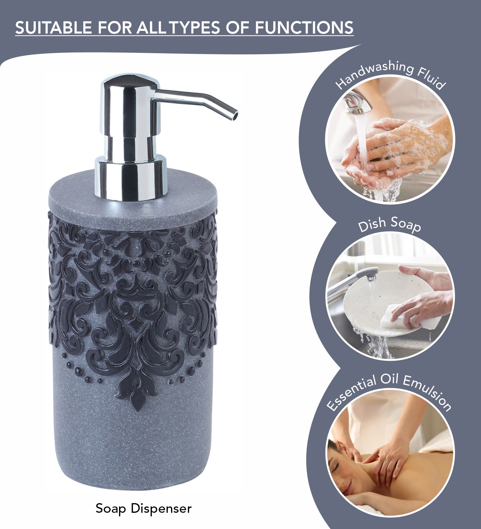 Obsessions Alvina Polyresin 4pcs Bathroom Set Grey Black with elegant soap dispenser for stylish bathrooms