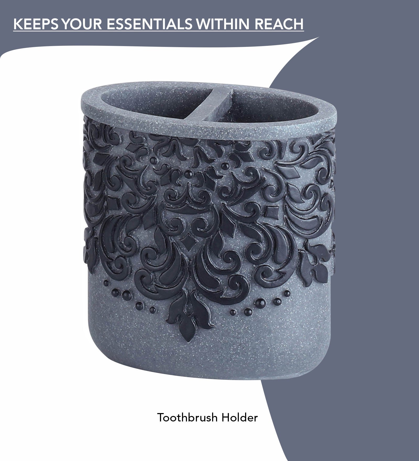 Obsessions Alvina Polyresin 4pcs Bathroom Set Grey Black Toothbrush Holder with Elegant Design