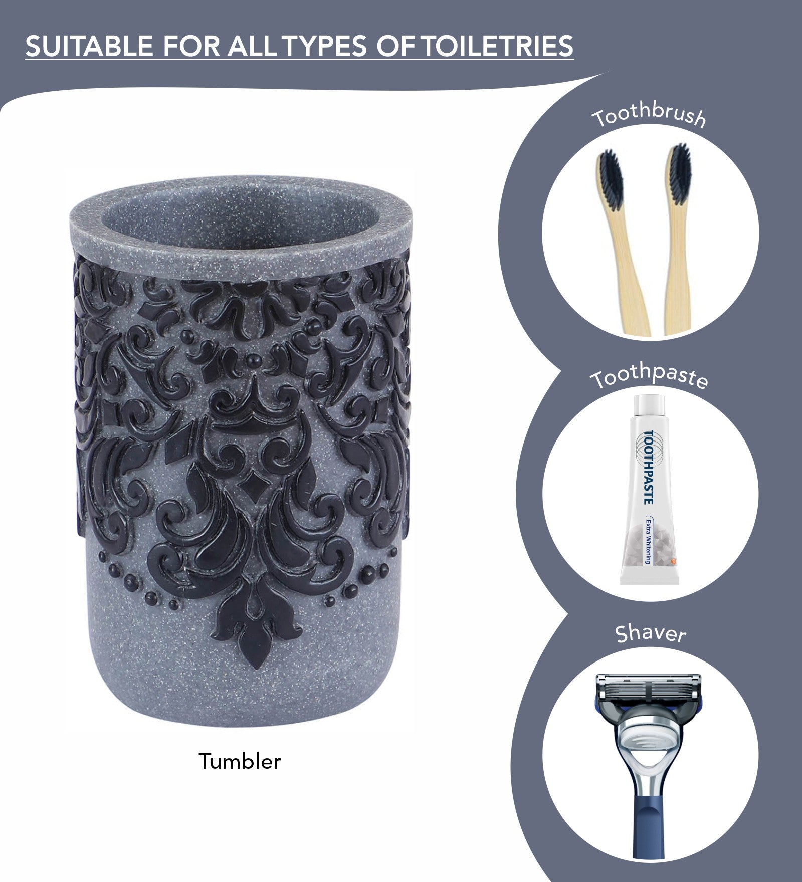 Obsessions Alvina Polyresin 4pcs Bathroom Set Grey Black Tumbler for Toothbrushes and Toothpaste