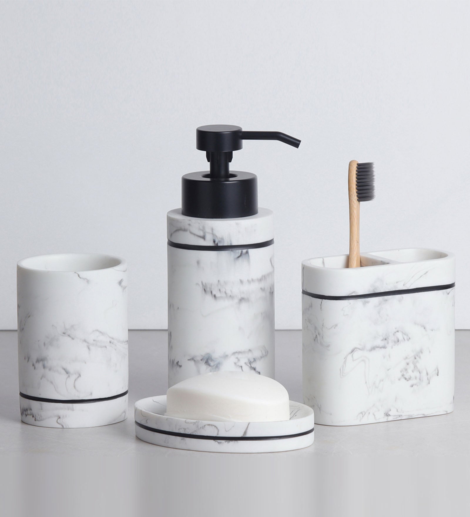 Obsessions Alvina Polyresin 4pcs Bathroom Set Marble in elegant white and black design for modern bathrooms