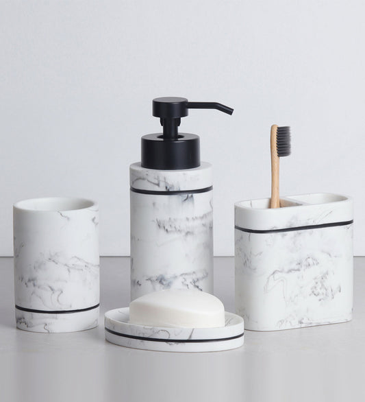 Obsessions Alvina Polyresin 4pcs Bathroom Set Marble in elegant white and black design for modern bathrooms