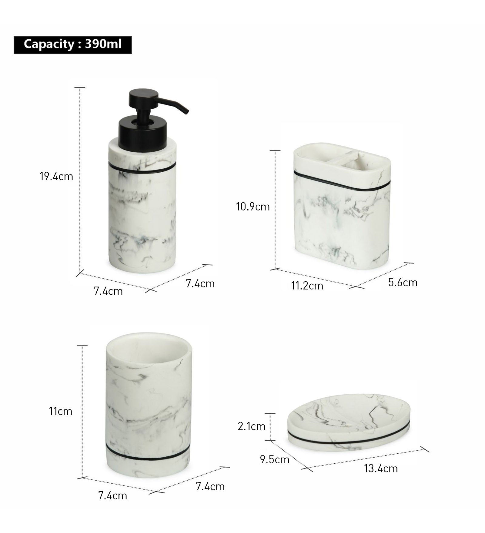 Obsessions Alvina Polyresin 4pcs Bathroom Set Marble featuring soap dispenser, tumbler, toothbrush holder, and soap dish.