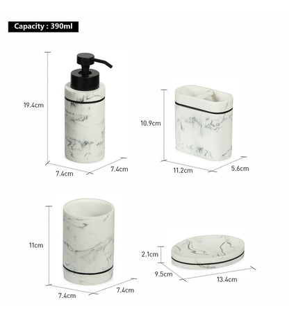 Obsessions Alvina Polyresin 4pcs Bathroom Set Marble featuring soap dispenser, tumbler, toothbrush holder, and soap dish.