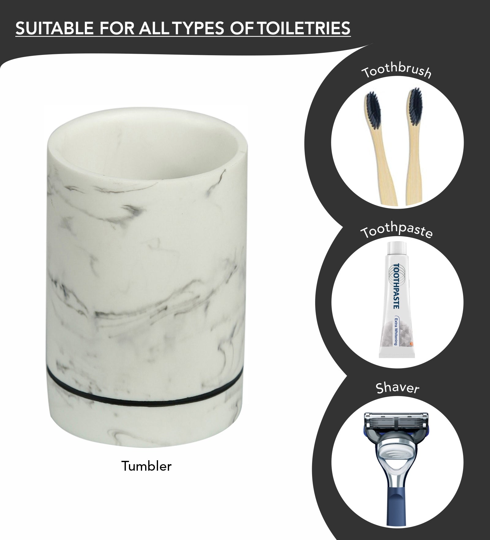 Obsessions Alvina Polyresin 4pcs Bathroom Set Marble Tumbler for Toothbrushes and Shavers