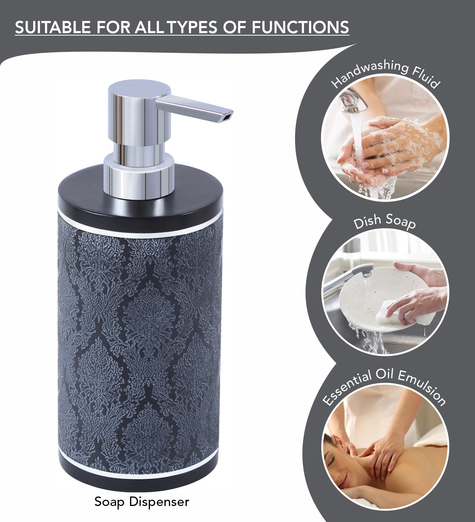 Obsessions Alvina Polyresin 4pcs Bathroom Set Dark Grey featuring an elegant soap dispenser