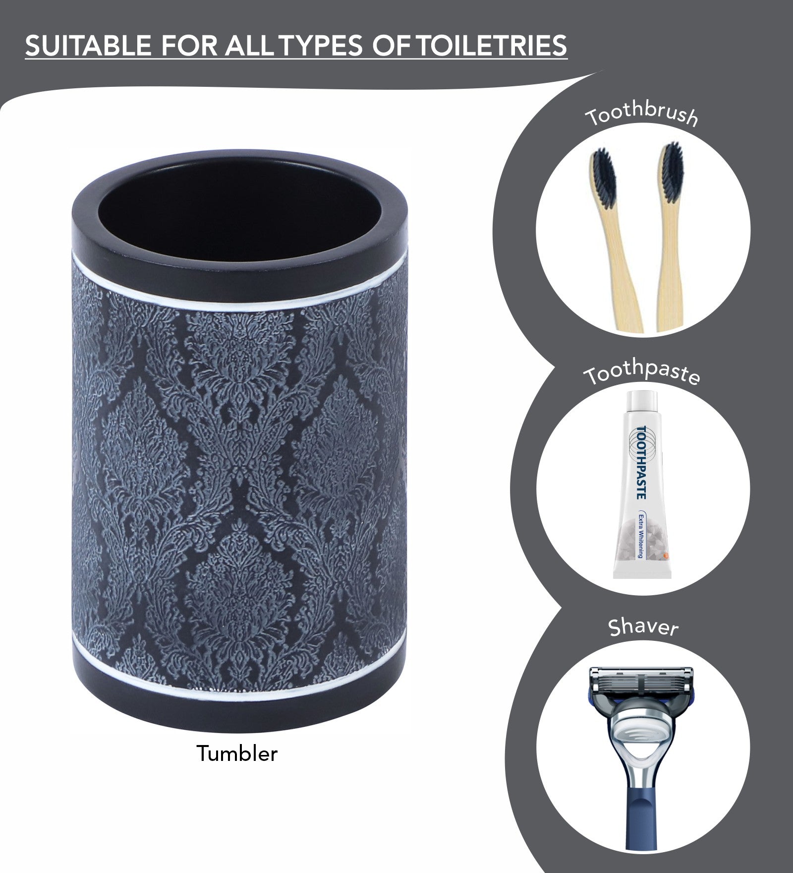Obsessions Alvina Polyresin 4pcs Bathroom Set Dark Grey Tumbler for Various Toiletries