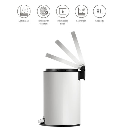 Obsessions Artistic Stainless Steel Dustbin 8 Ltr White with fingerprint-resistant finish and soft-close lid
