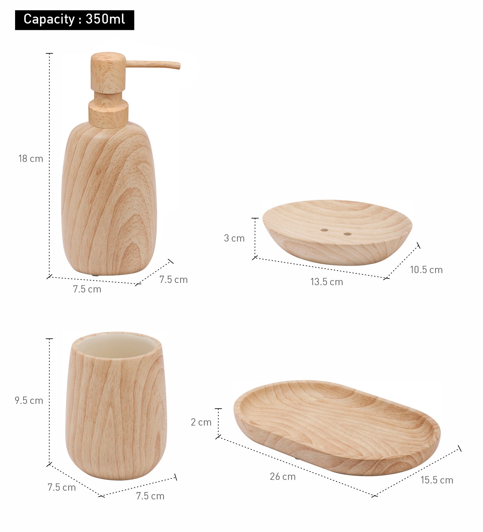 Obsessions Azure Polyresin bathroom set wood with a soap dispenser, tumbler, and a soap dish