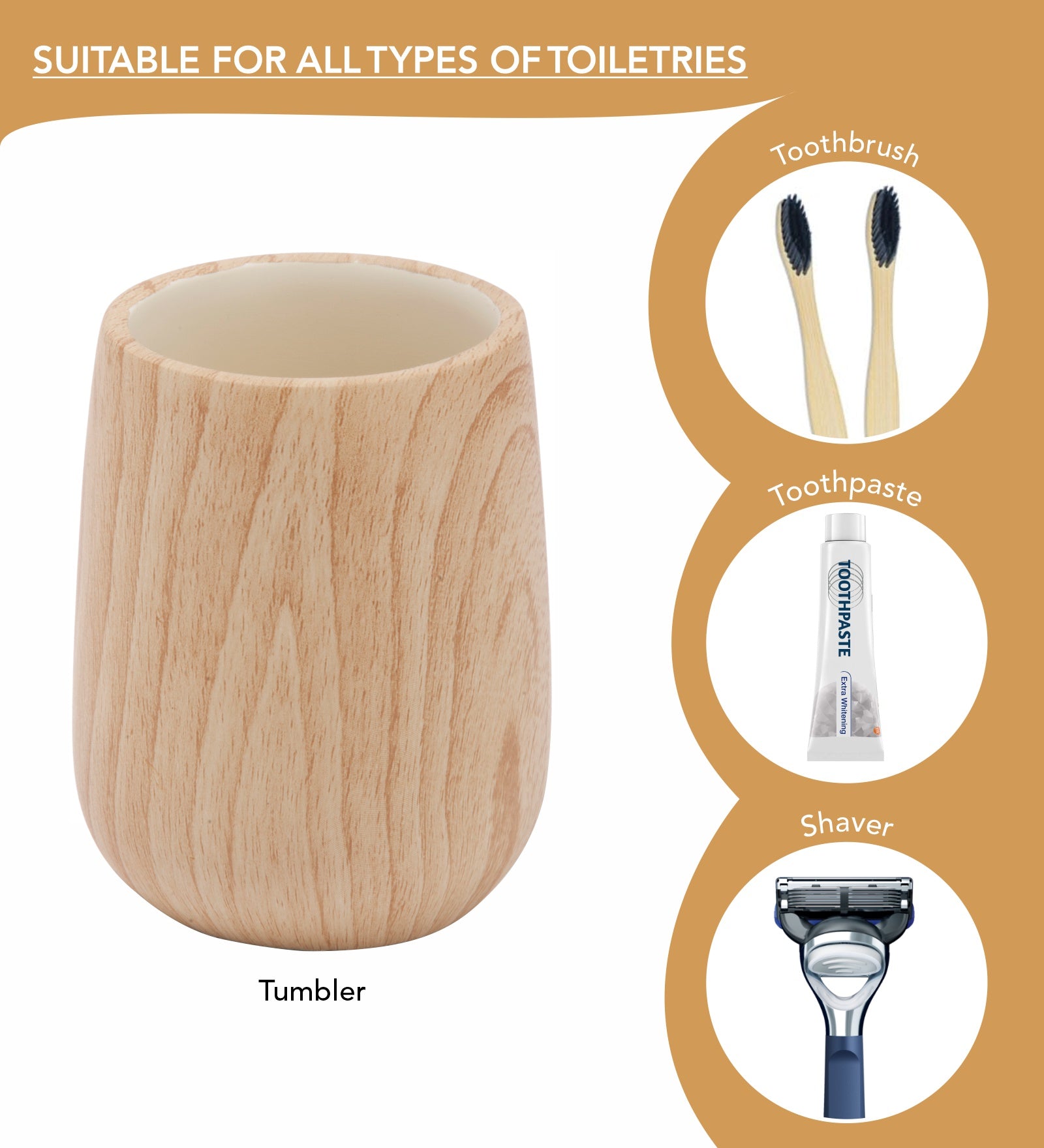 Obsessions Azure Polyresin bathroom set wood tumbler for toiletries like toothbrush and shaver