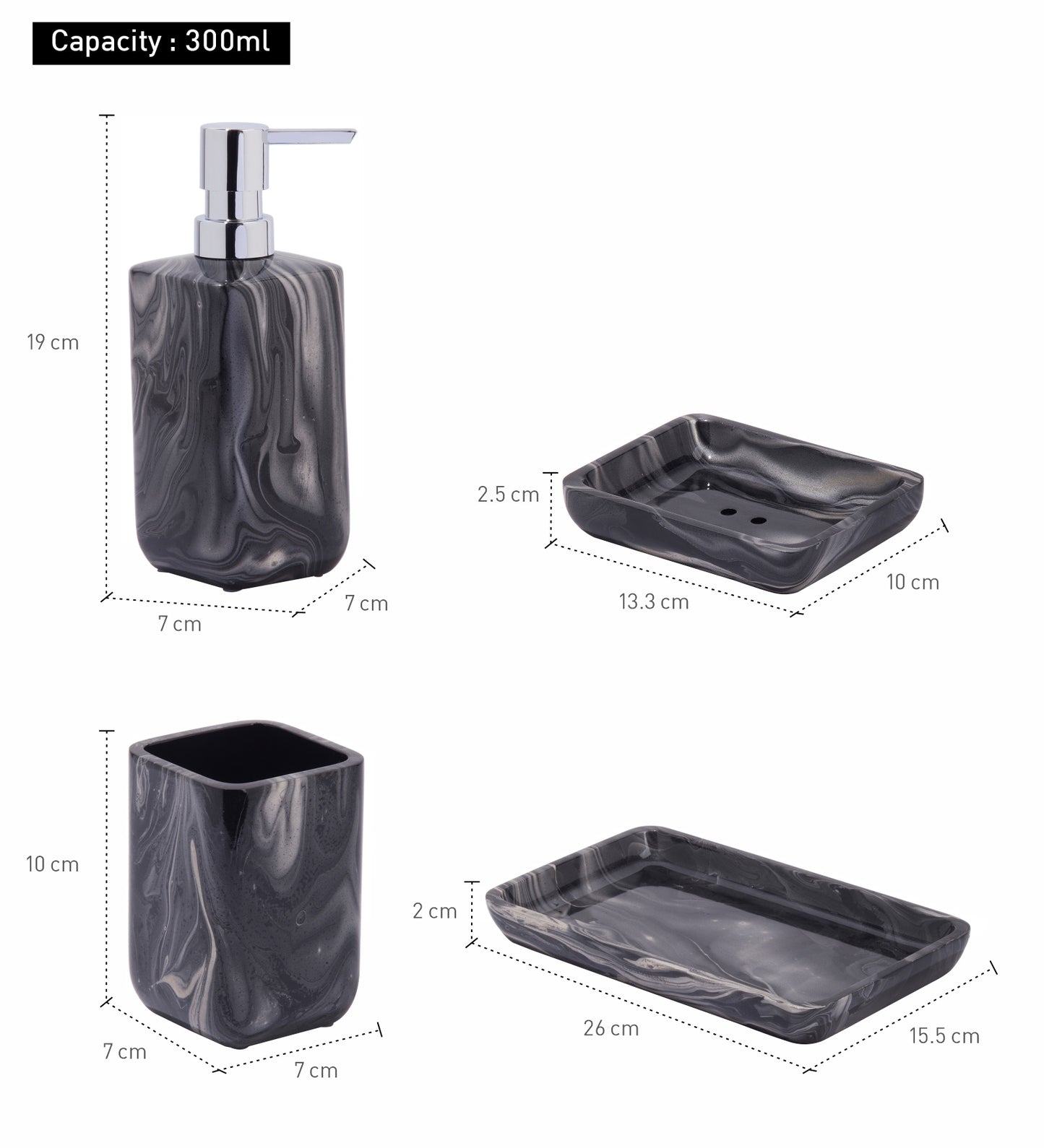 Obsessions azure polyresin black 4 pcs bathroom set featuring a soap dispenser, tumbler, and trays