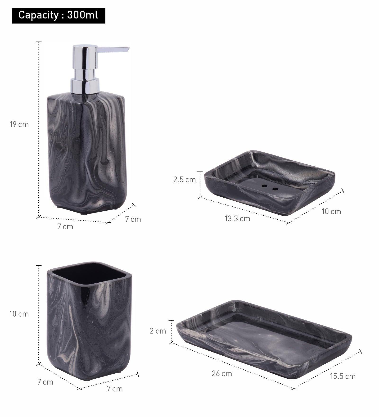Obsessions azure polyresin black 4 pcs bathroom set featuring a soap dispenser, tumbler, and trays