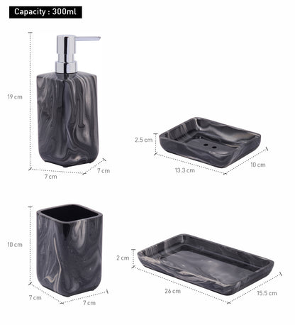 Obsessions azure polyresin black 4 pcs bathroom set featuring a soap dispenser, tumbler, and trays