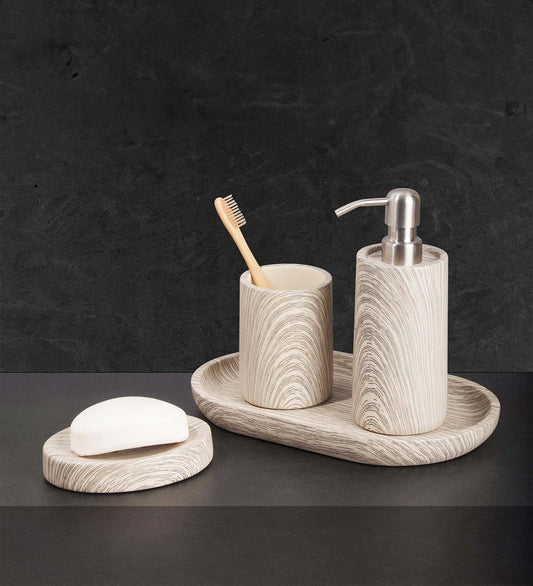 Obsessions Azure PolyResin grey beige 4 pcs bathroom set featuring a soap dispenser and holder