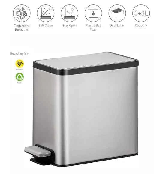 Obsessions Eko Eco Casa II Dustbin 3+3L, Metallic
