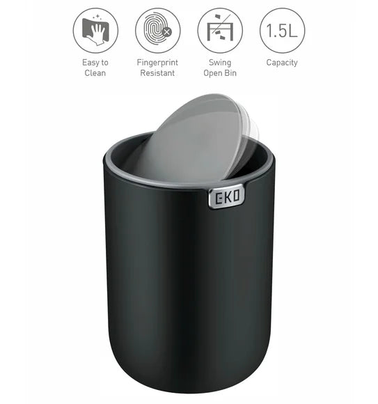 Obsessions Fandy Eko 9206 table dustbin, Black, feature icons: easy to clean, fingerprint resistant, swing open bin, 1.5L capacity