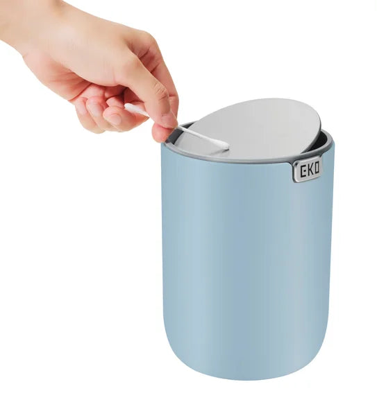 Obsessions Fandy Eko 9206 table dustbin, Titanium Blue, feature icons: easy to clean, fingerprint resistant, swing open bin, 1.5L capacity