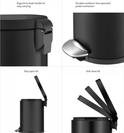 Obsessions Luna Eko 9219 step dustbin, Black, closeup of handle, pedal mechanism, stay open and soft close lid