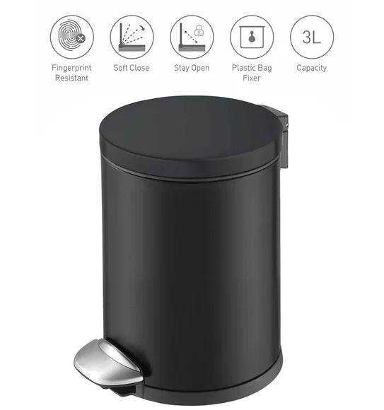 Obsessions Luna Eko 9219 step dustbin, Black, feature icons: fingerprint resistant, soft close, stay open, plastic bag fixer, 3L capacity