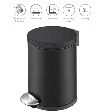 Obsessions Luna Eko 9219 step dustbin, Black, feature icons: fingerprint resistant, soft close, stay open, plastic bag fixer, 3L capacity